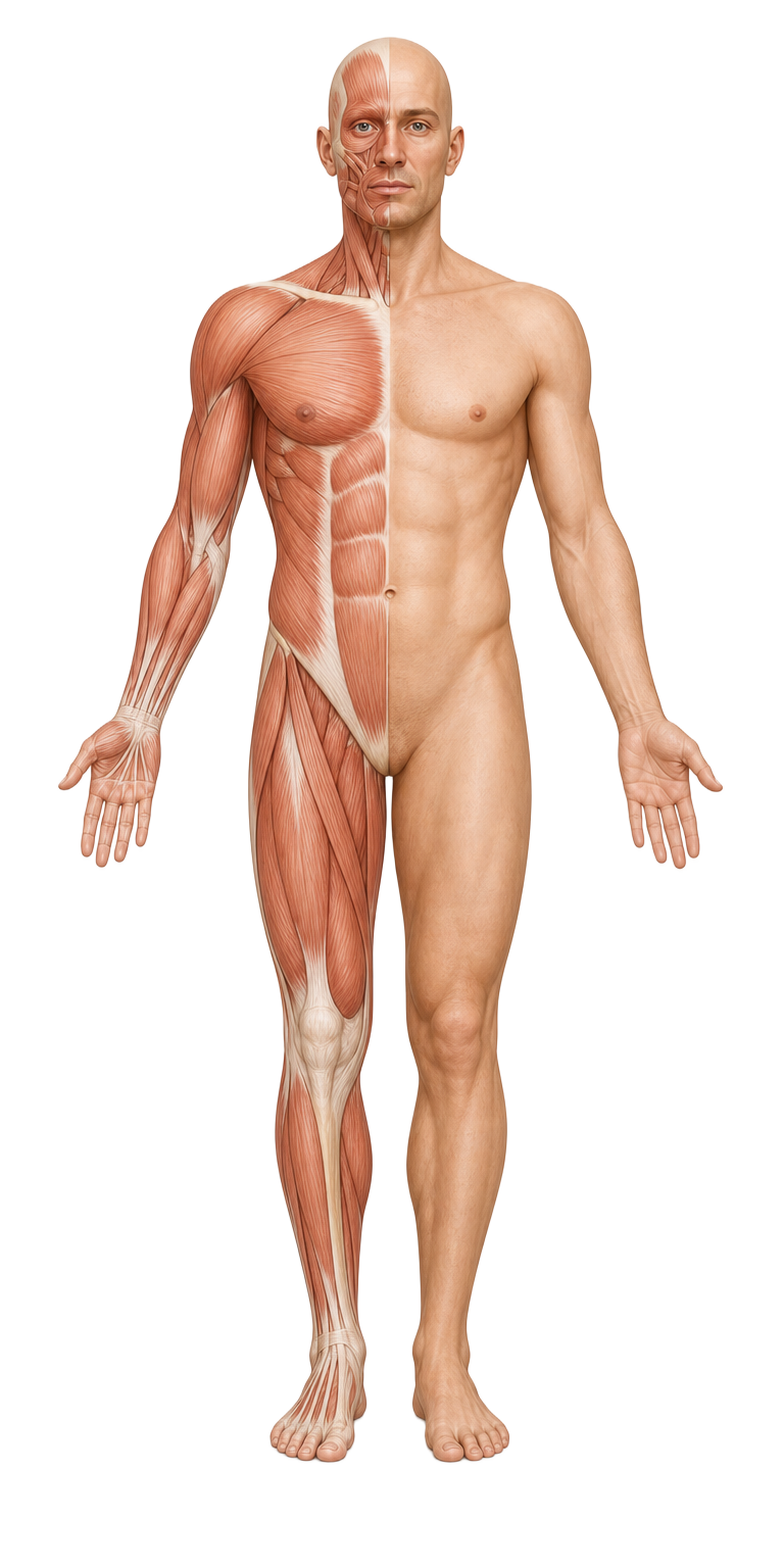 Anatomical front view with the energy meridians and their points